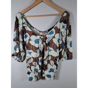 T-Bags Los Angeles Floral V-Neck Blouse Brown Blue 3/4 Sleeve Top Small